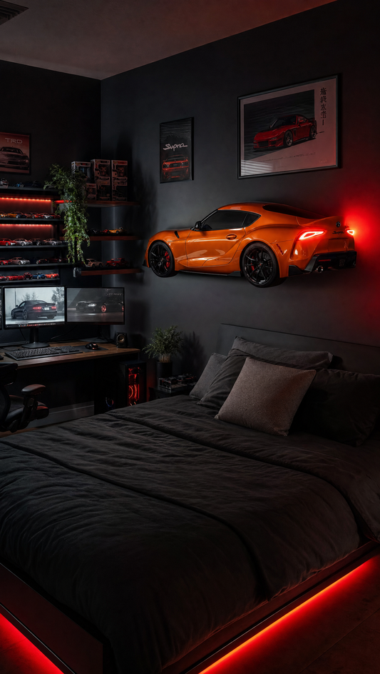 Supra mount glowing in a dark JDM-themed bedroom