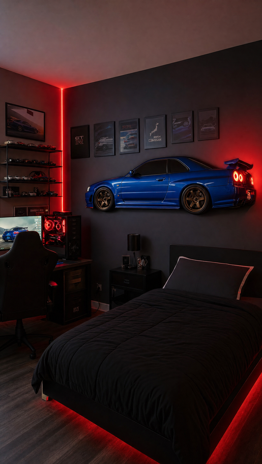 Bayside Blue R34 GT-R wall mount glowing in a dark bedroom