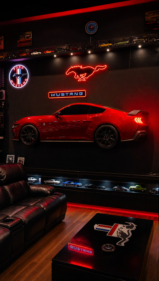 Race Red Mustang wall mount glowing in a dark man cave